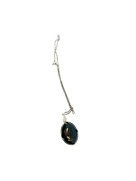 14K Plated Sterling Silver Black Onyx and Brown Sardonyx Cameo Pendant Necklace (Italian)