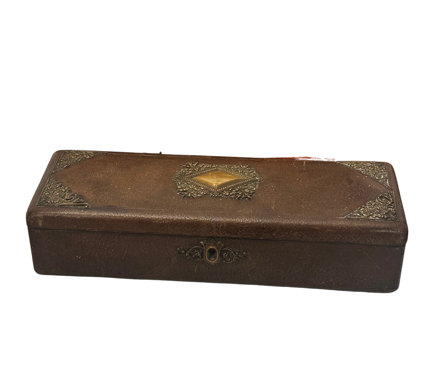 19th C Leather and Brass Glove Box with Green Velvet Interior