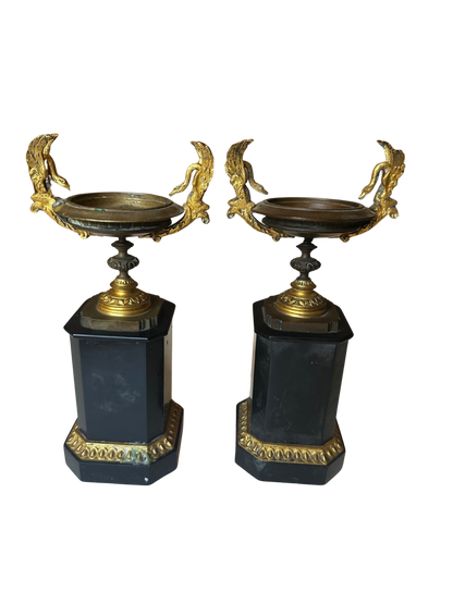 Late 19th C French Gilt Bronze and Black Stone Garniture Vases