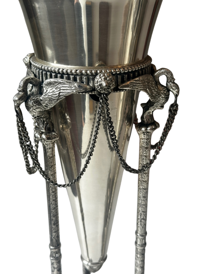 Pair of Neoclassical Silverplate Trumpet Vases with Swan/Crane Motifs