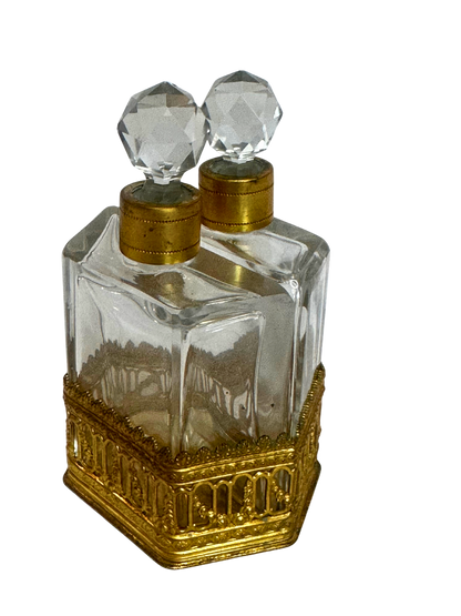 French Gilt-Mounted Double Perfume Bottle Set in Architectural Holder