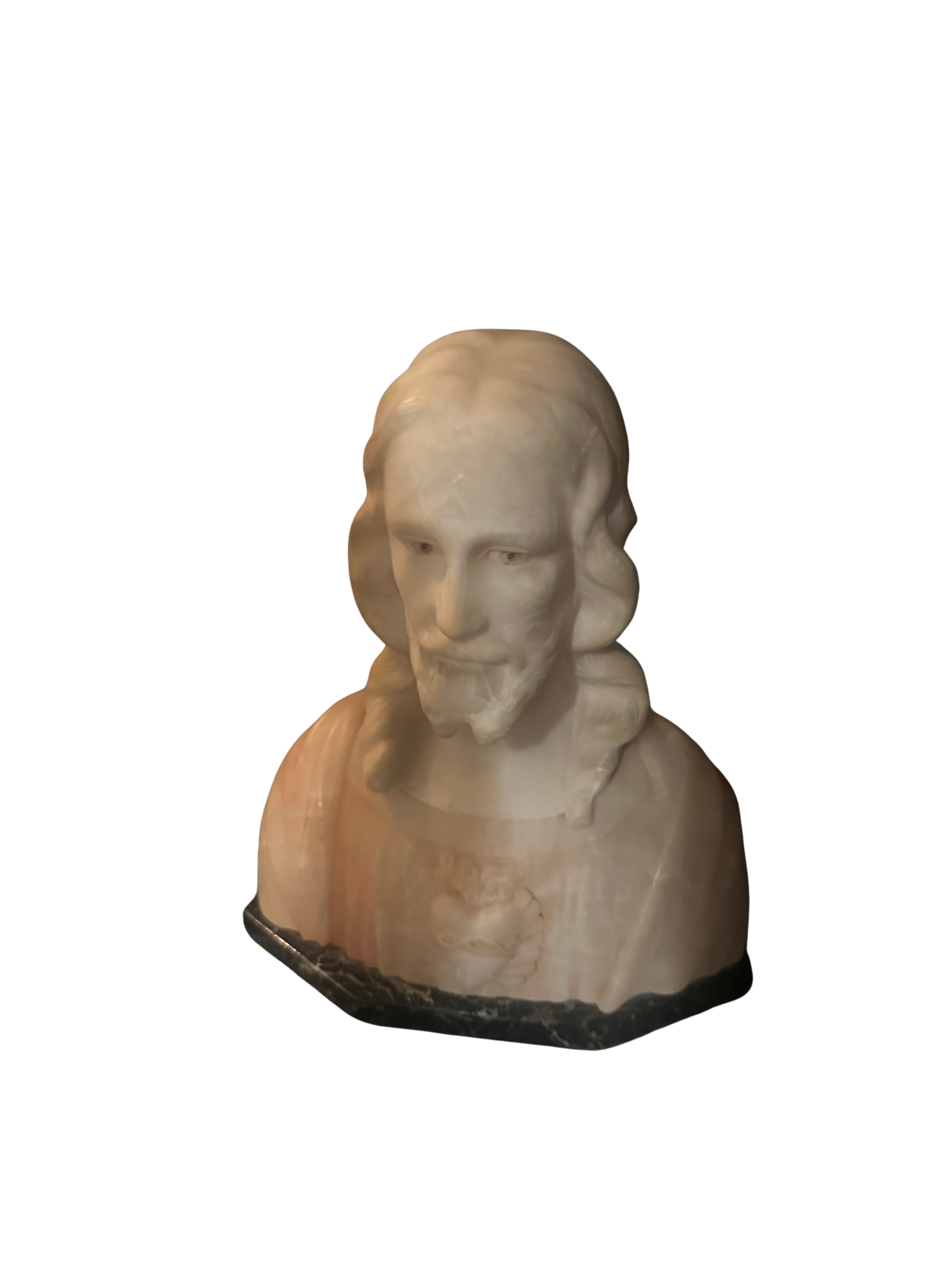 Late 19th C to Early 20th C Two Toned Alabaster Sacred Heart of Jesus Bust