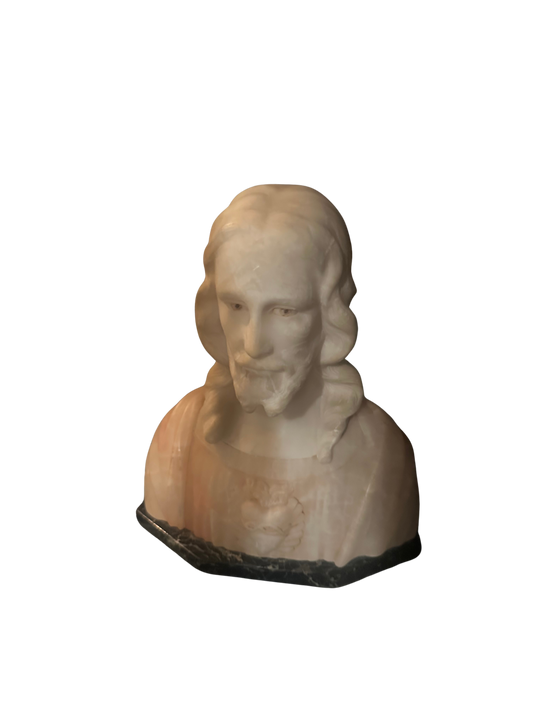 Late 19th C to Early 20th C Two Toned Alabaster Sacred Heart of Jesus Bust