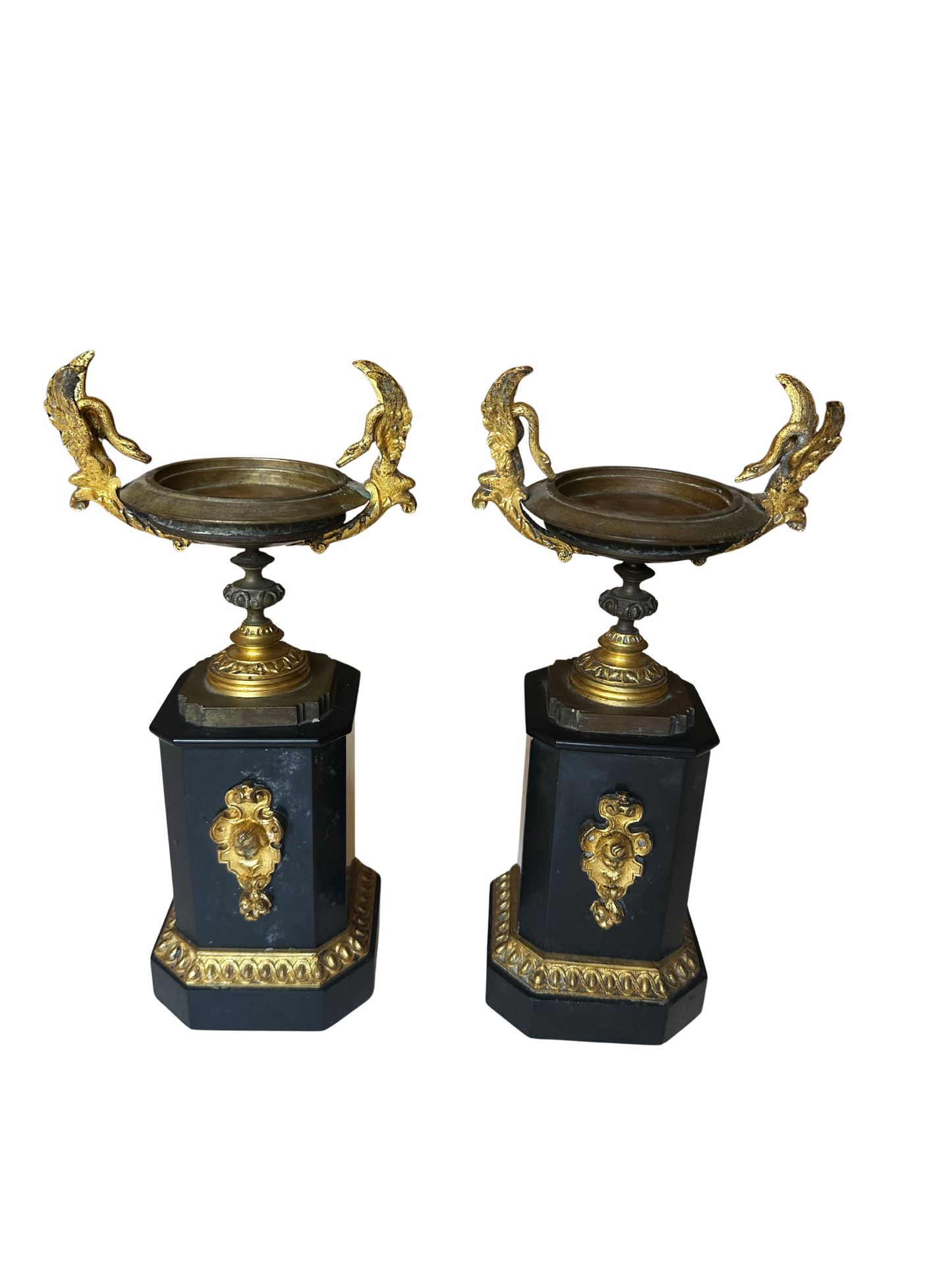 Late 19th C French Gilt Bronze and Black Stone Garniture Vases