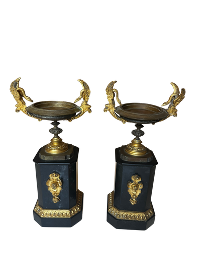 Late 19th C French Gilt Bronze and Black Stone Garniture Vases