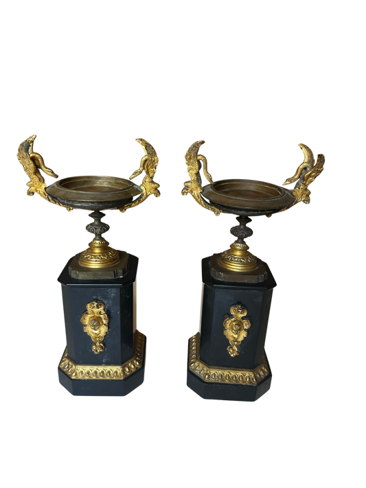 Late 19th C French Gilt Bronze and Black Stone Garniture Vases
