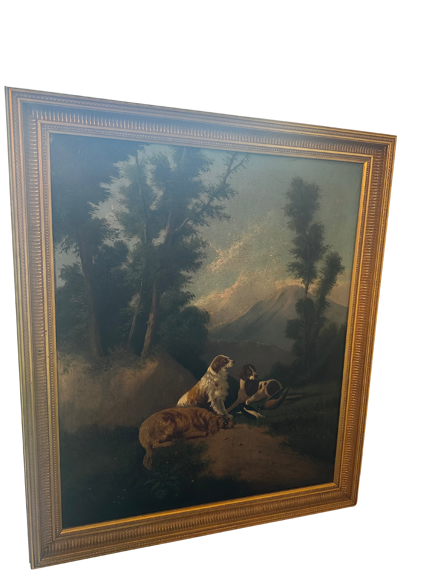 19th C Oil on Canvas in 20th C Frame - Three Dogs in a Landscape (Hunting Scene) - After Eduard Bohm (1830-1890) - 34.75" x 29.75"