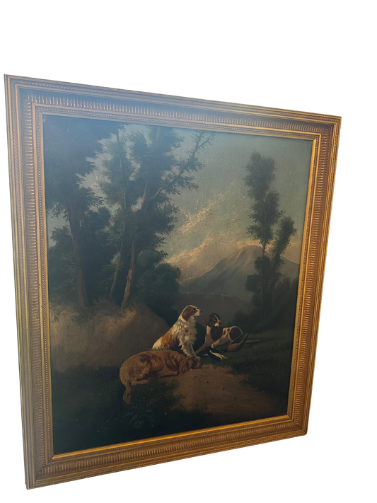 19th C Oil on Canvas in 20th C Frame - Three Dogs in a Landscape (Hunting Scene) - After Eduard Bohm (1830-1890) - 34.75" x 29.75"