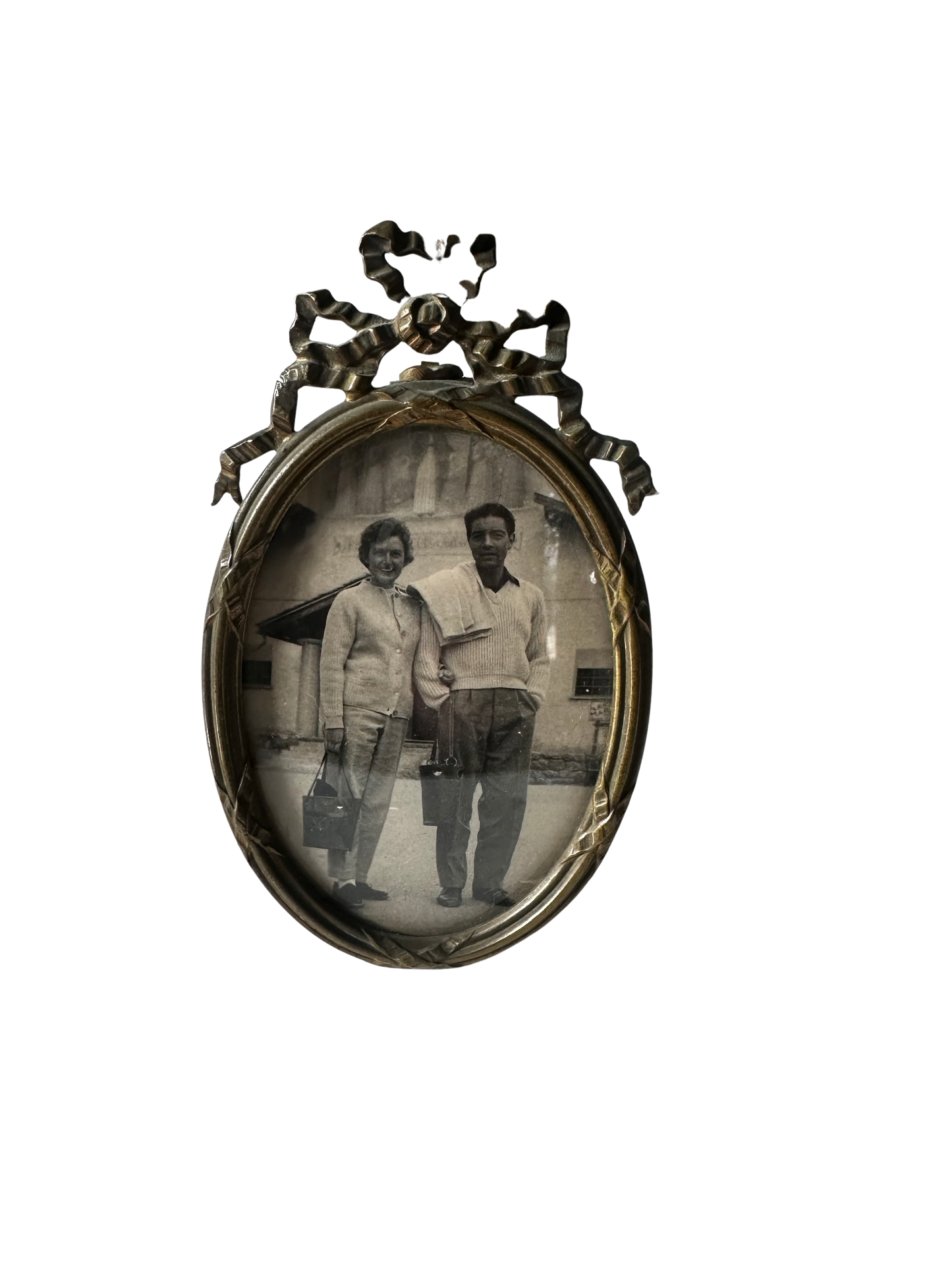 Late 19th-Early 20th C Louis XVI Revival Gilt Brass Oval Picture Frame with Ribbon Crest