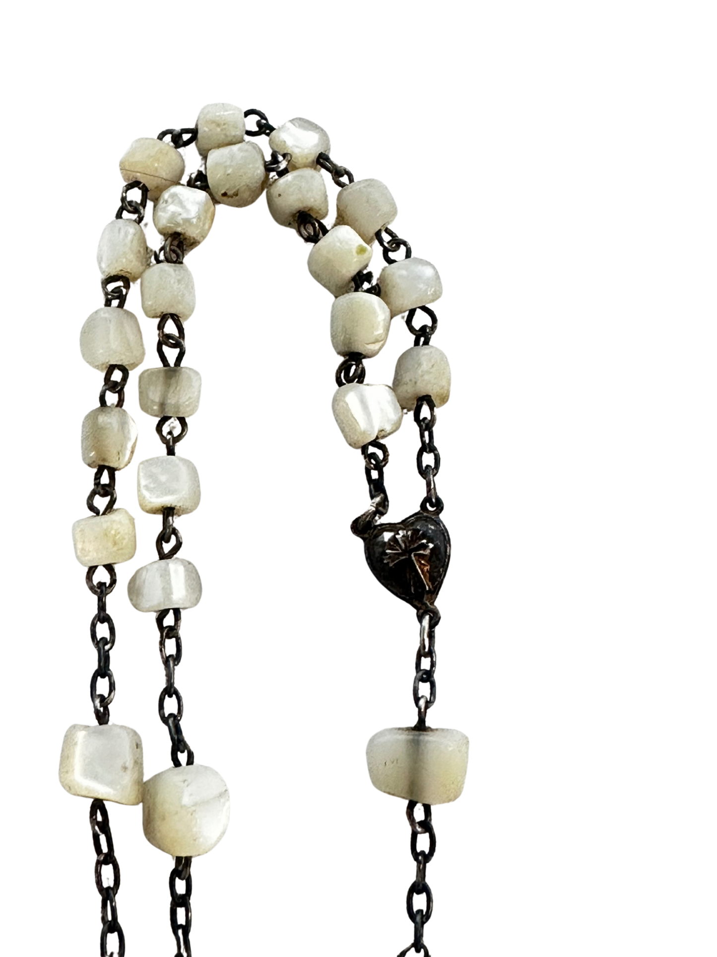 Antique Rosary with Mother-of-Pearl Beads, Silver-Tone Crucifix, and Religious Medal