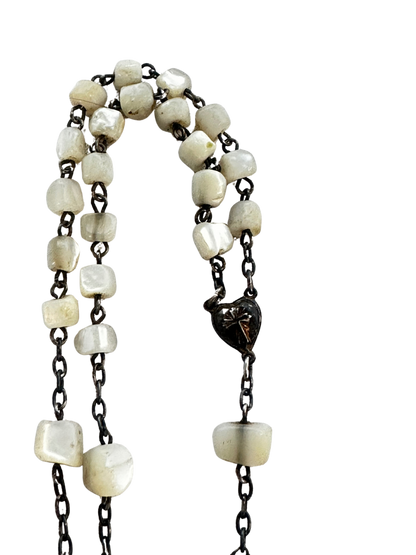 Antique Rosary with Mother-of-Pearl Beads, Silver-Tone Crucifix, and Religious Medal