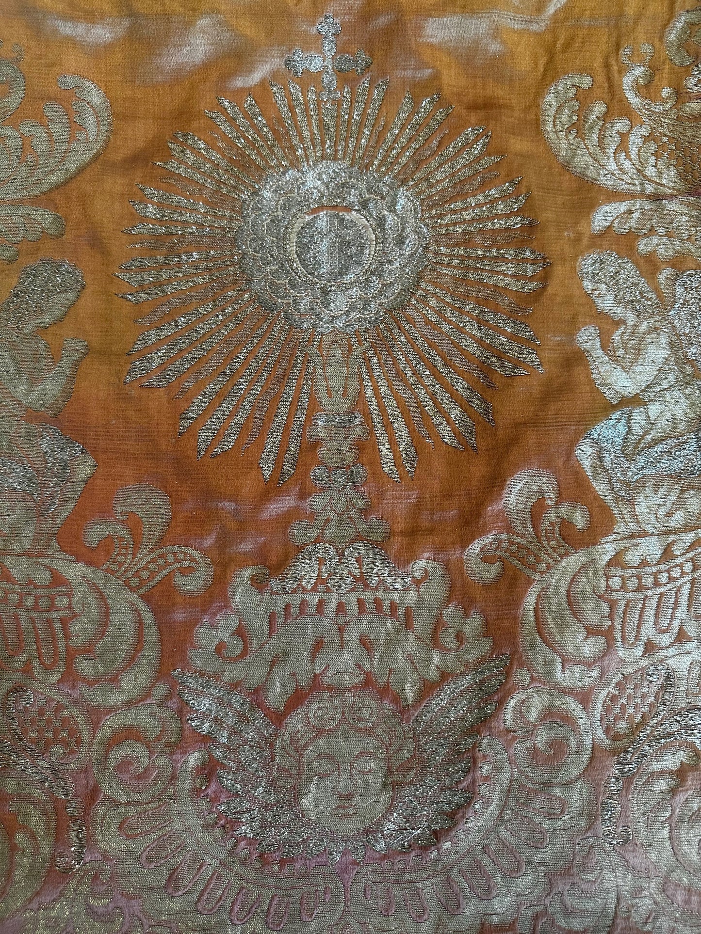 Antique Ecclesiastical Silk Brocade Altar Runner with Monstrance, Angels and IHS Christogram