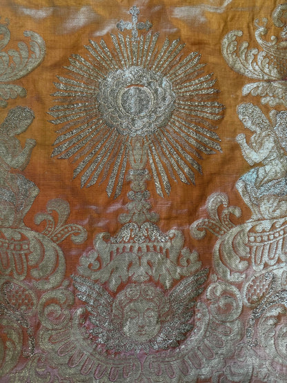 Antique Ecclesiastical Silk Brocade Altar Runner with Monstrance, Angels and IHS Christogram