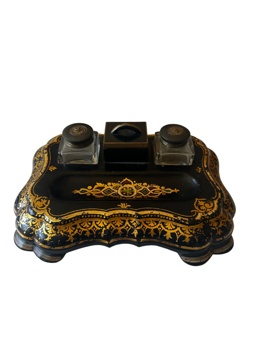 19th C Parkins & Gotto Black Lacquer Victorian Papier Mache Inkwell Set