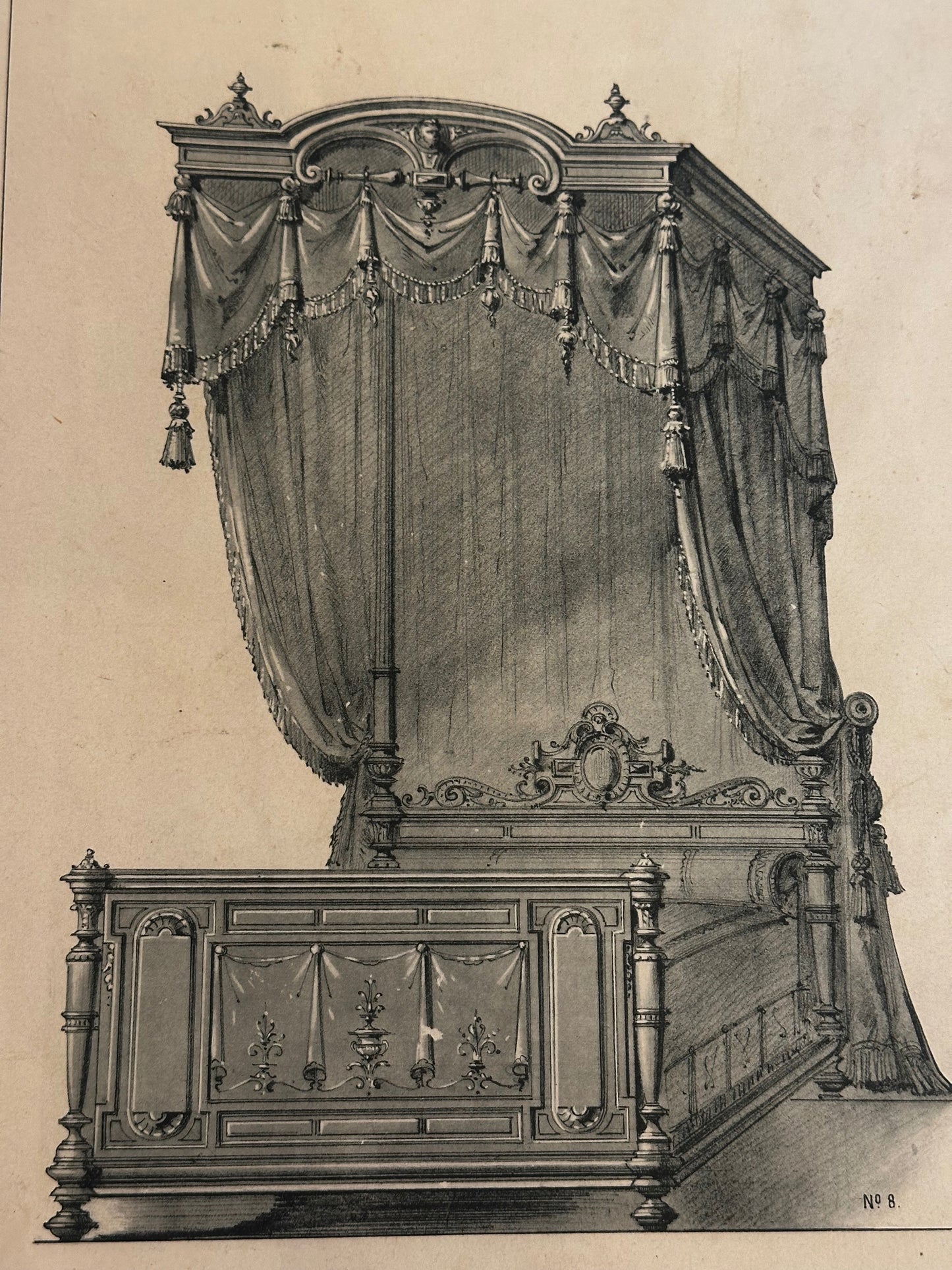 19th-Century French Furniture Design Engraving — Lit Renaissance, Plate 27, Le Mobilier d’Art