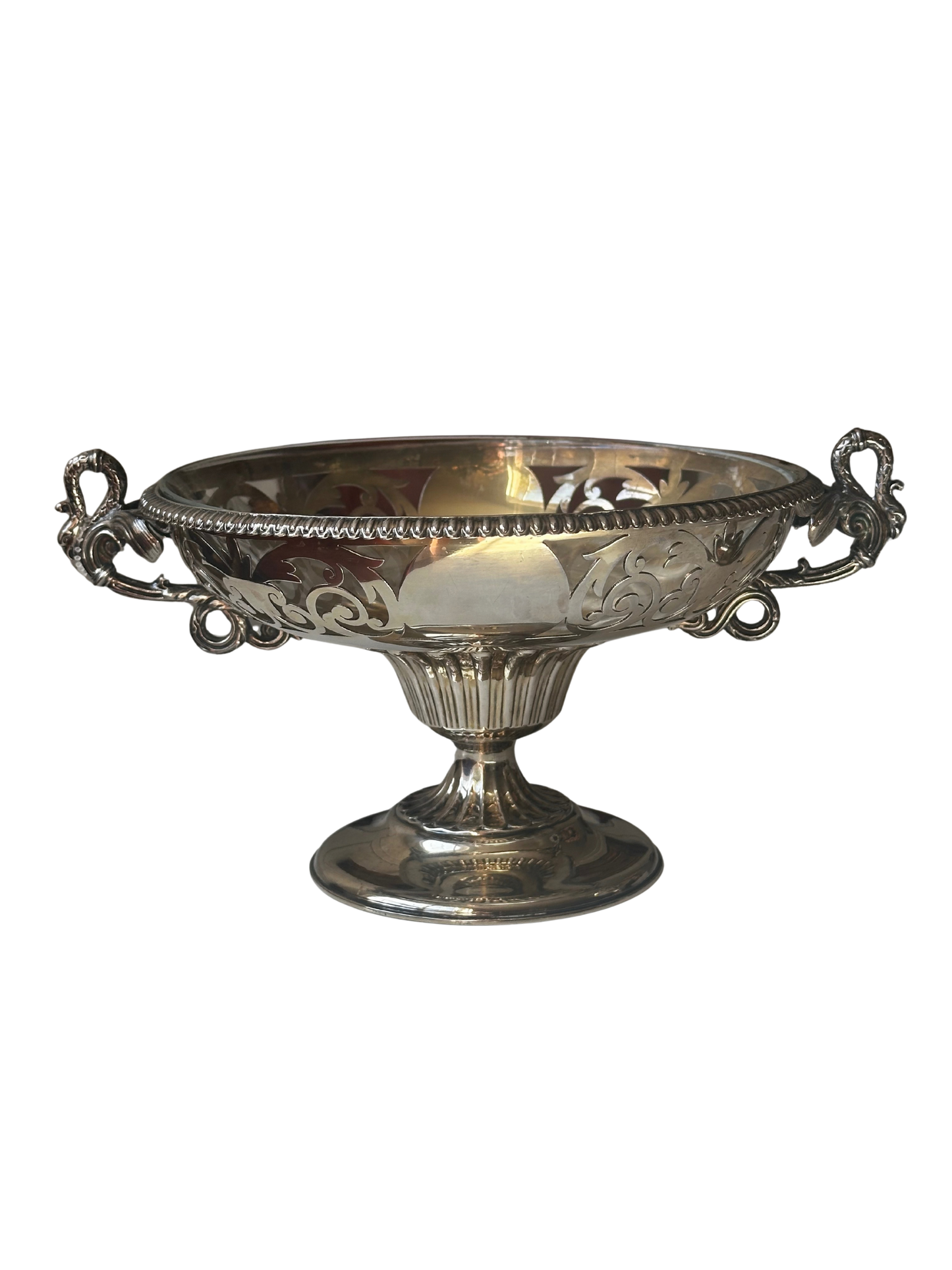 Pair of French Silverplate Pedestal Compotes with Arcoroc Glass Insert and Swan Handles