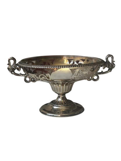 Pair of French Silverplate Pedestal Compotes with Arcoroc Glass Insert and Swan Handles