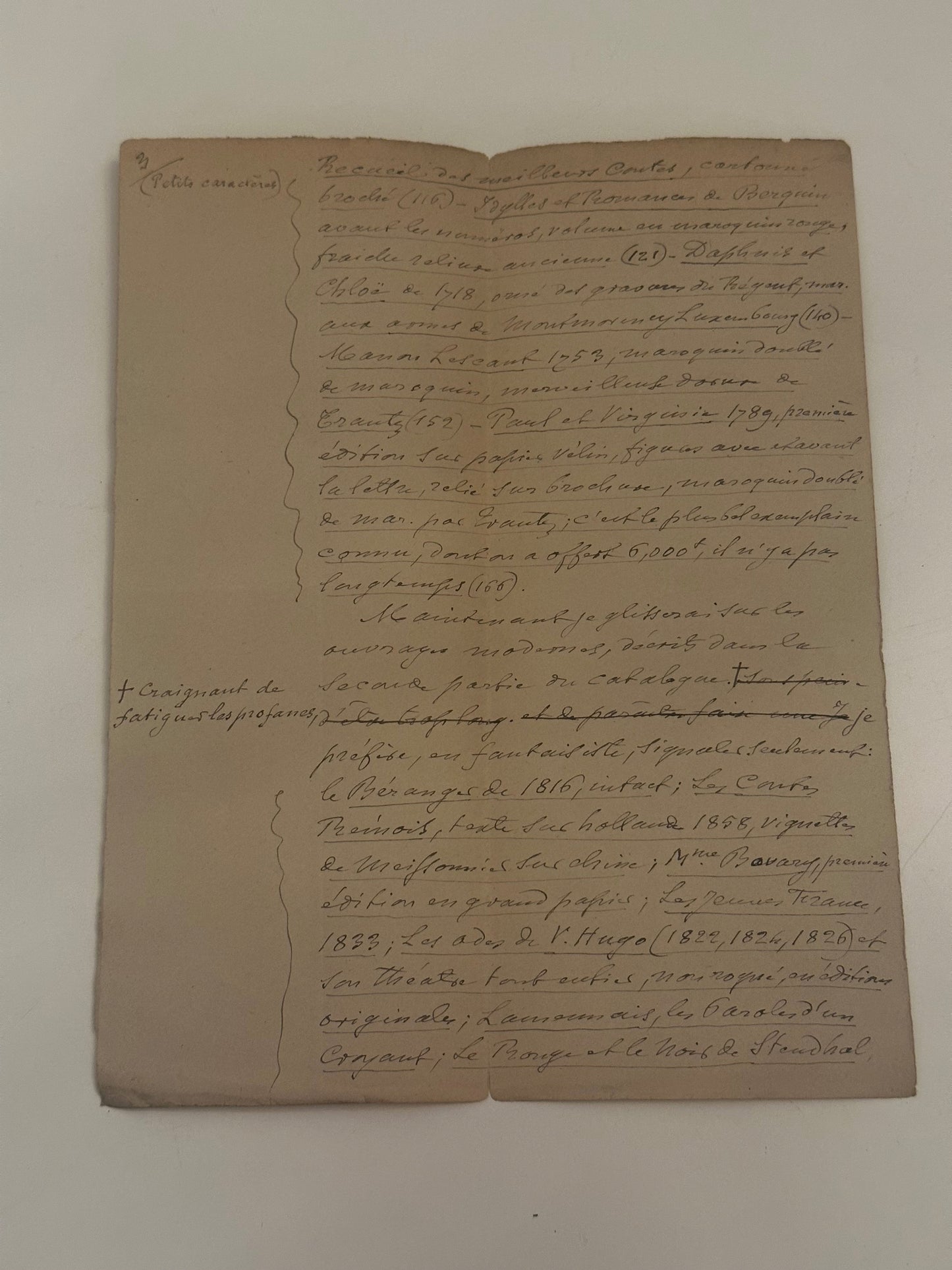Handwritten French Bibliophile Catalog Manuscript — Private Library Sale Notes