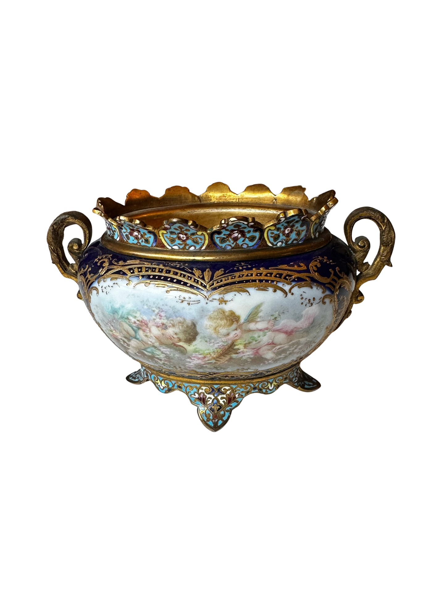 Antique Sèvres-Style Porcelain Centerpiece Bowl with Champlevé Enamel and Gilt Bronze Mounts, Signed Collot