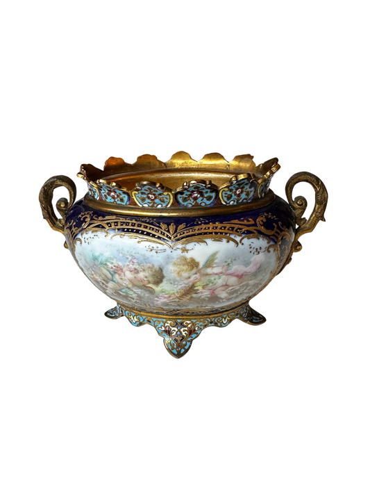 Antique Sèvres-Style Porcelain Centerpiece Bowl with Champlevé Enamel and Gilt Bronze Mounts, Signed Collot