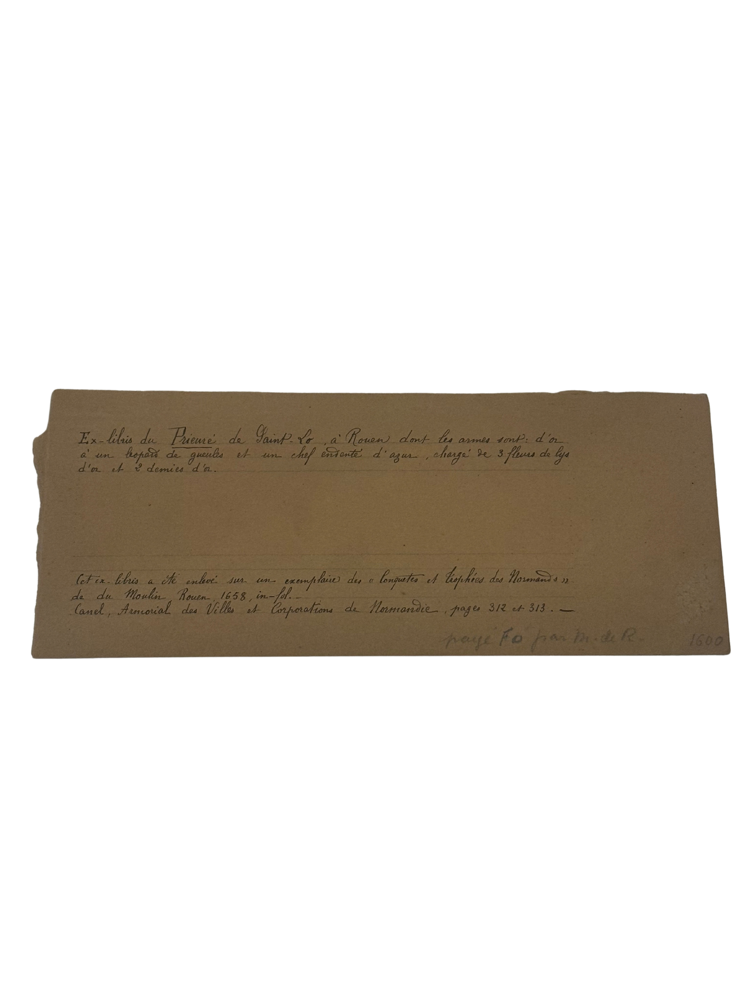 Antique French Collector’s Identification Note for Norman Ex Libris (Priory of Saint-Lô, Rouen)