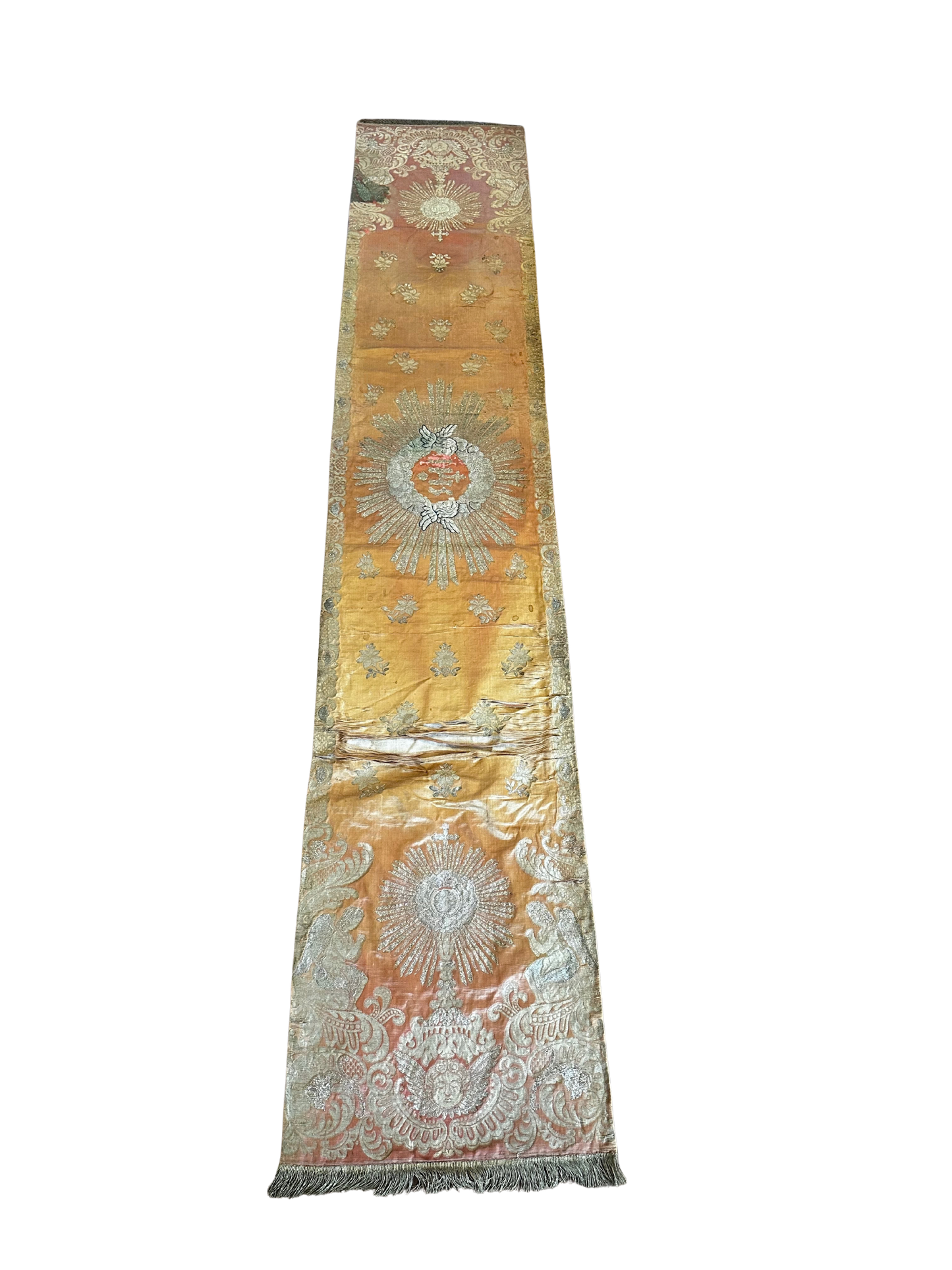 Antique Ecclesiastical Silk Brocade Altar Runner with Monstrance, Angels and IHS Christogram