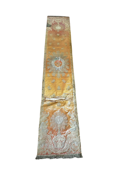 Antique Ecclesiastical Silk Brocade Altar Runner with Monstrance, Angels and IHS Christogram