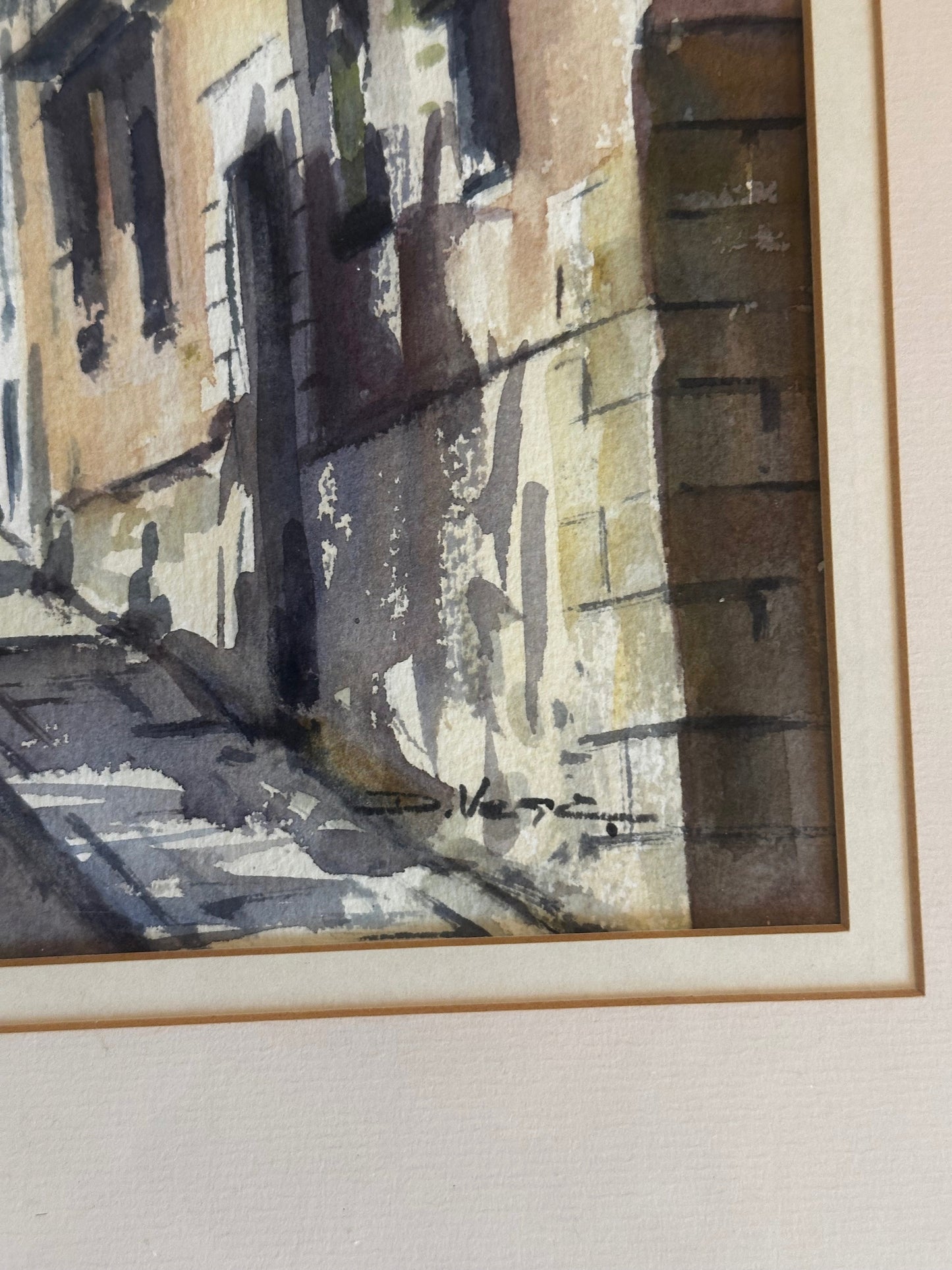 Signed European Street Scene Watercolor with Church Dome and Figures