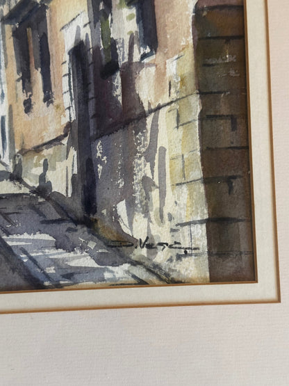 Signed European Street Scene Watercolor with Church Dome and Figures