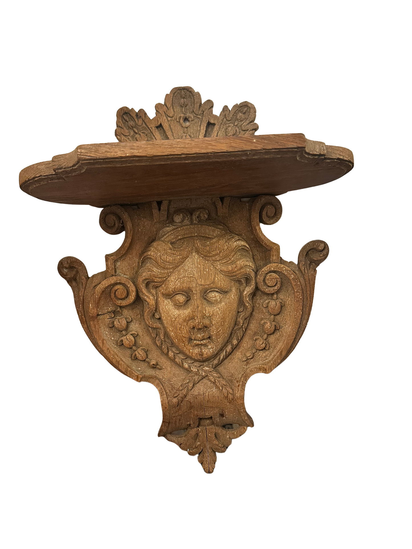 Antique Carved Wood Wall Shelf with Figural Mask
