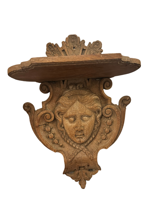 Antique Carved Wood Wall Shelf with Figural Mask