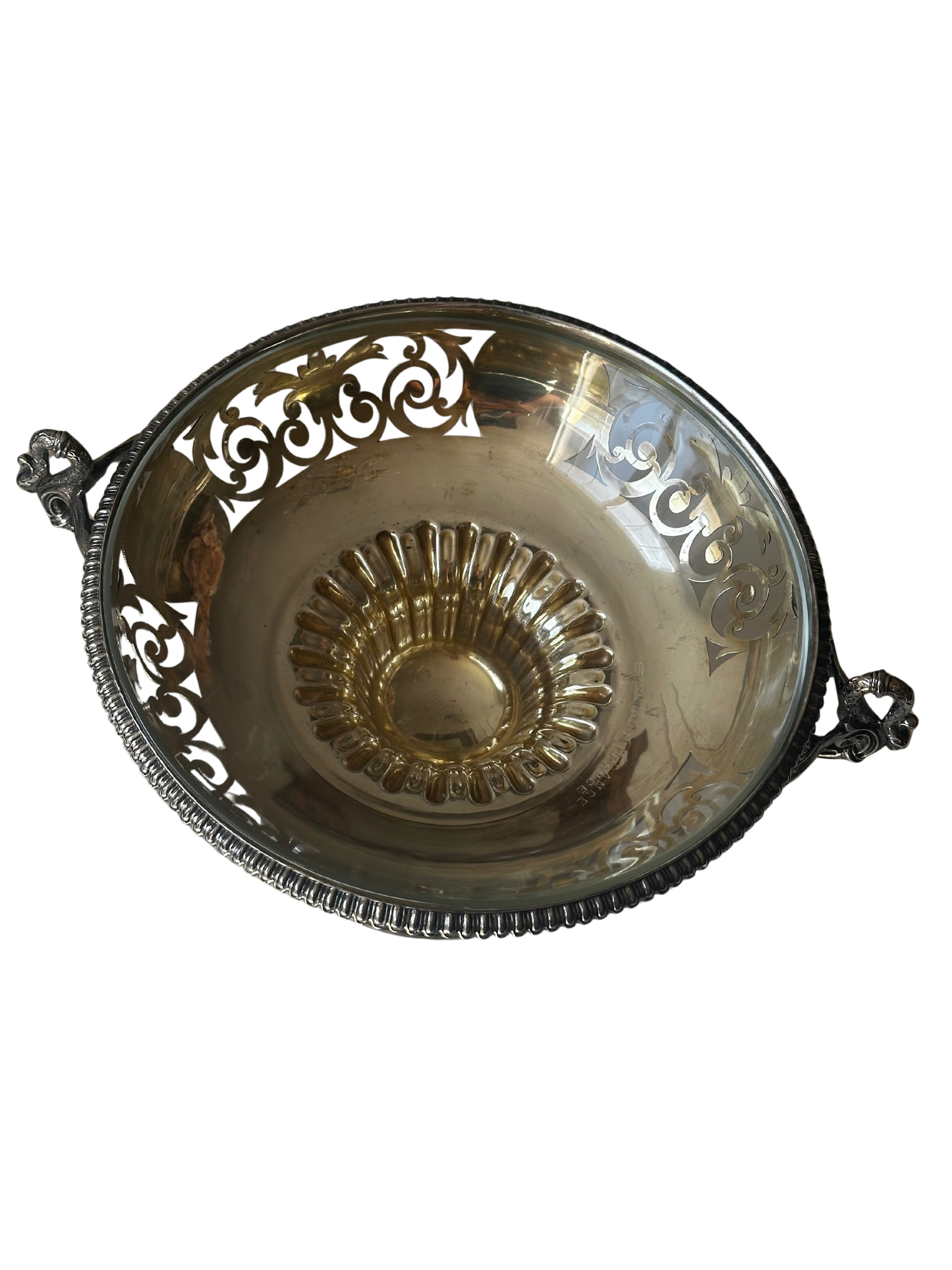 Pair of French Silverplate Pedestal Compotes with Arcoroc Glass Insert and Swan Handles