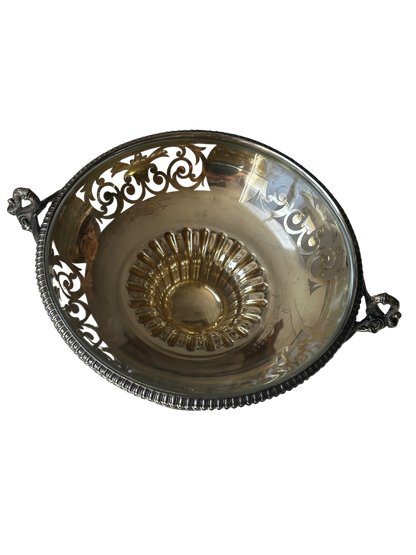 Pair of French Silverplate Pedestal Compotes with Arcoroc Glass Insert and Swan Handles