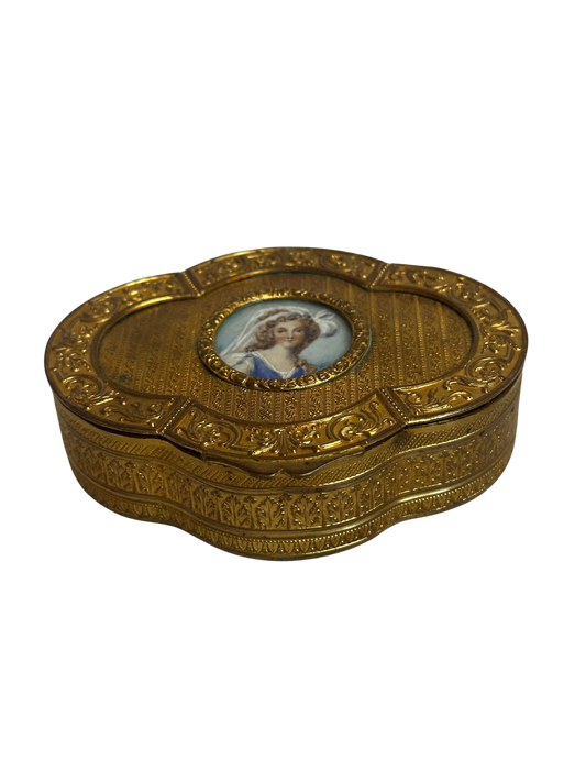 Antique Gilt Metal Clover Shaped Vanity Box with Portrait of a Young Woman