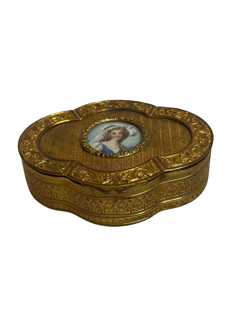 Antique Gilt Metal Clover Shaped Vanity Box with Portrait of a Young Woman