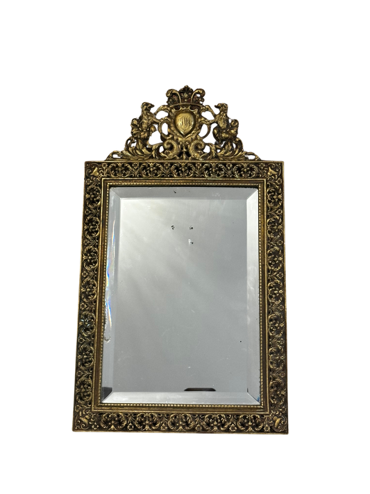 Antique Heraldic Brass Table Mirror with Monogrammed Crest